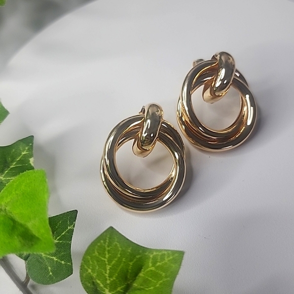 Gold Double Hoop Post Earrings New - Picture 1 of 6